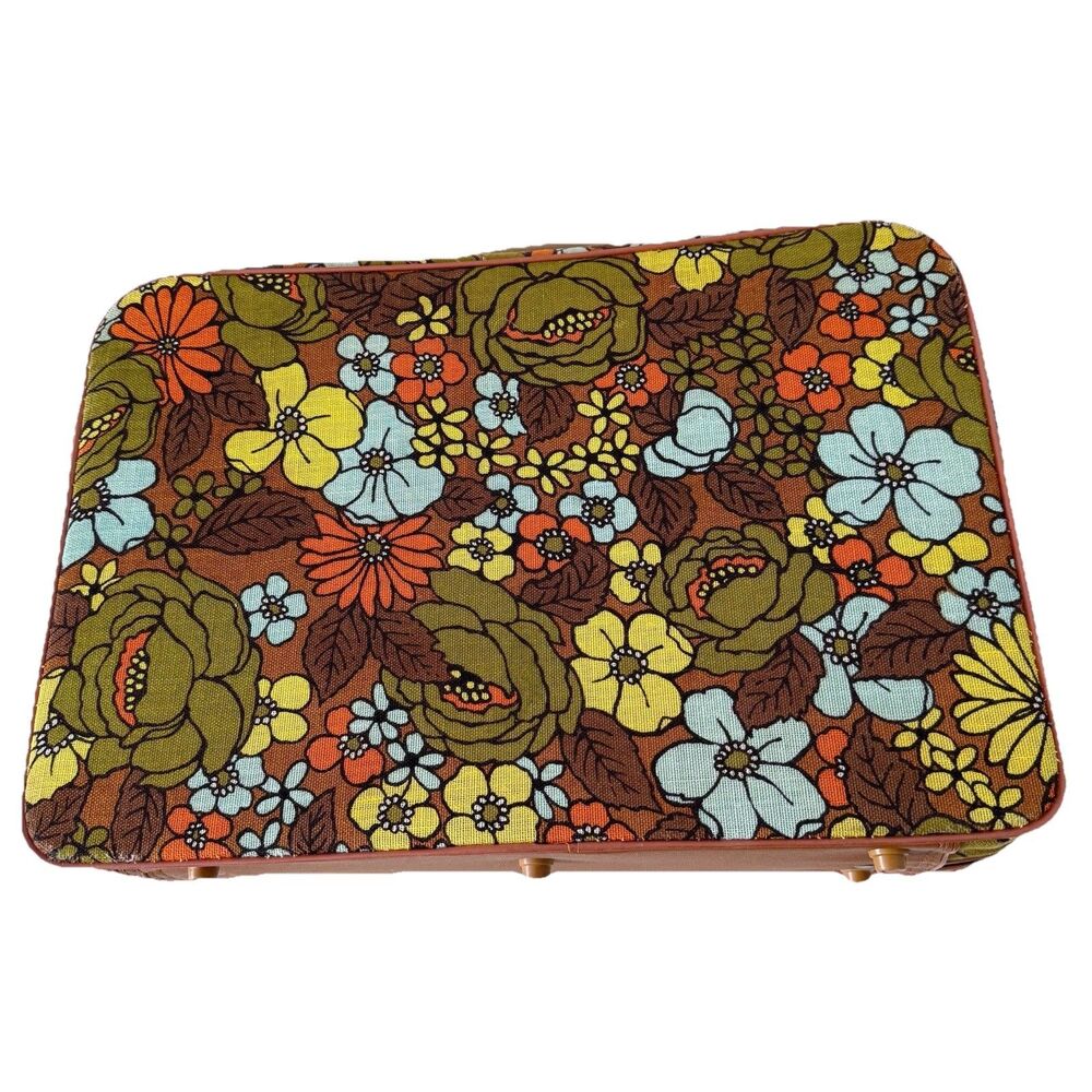 Vtg Brown Floral Print Medium Size Travel Bag From 1960-1970s Mod Flower Power - Picture 12 of 16